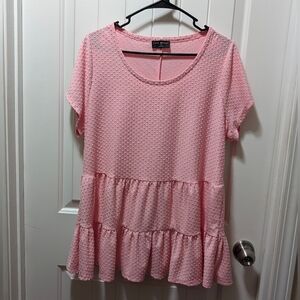 Lane Bryant Clip Dot Tiered Short Cap Sleeve Baby Doll Top in Pink Size 14/16